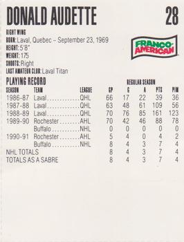 1991-92 Campbell's Buffalo Sabres #2 Donald Audette Back