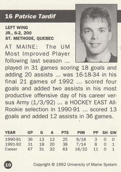 1992-93 Irving Maine Black Bears (NCAA) #10 Patrice Tardif Back