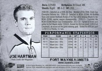 2013-14 Choice Fort Wayne Komets (ECHL) #6 Joe Hartman Back