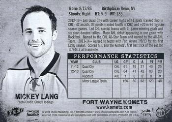 2013-14 Choice Fort Wayne Komets (ECHL) #10 Mickey Lang Back