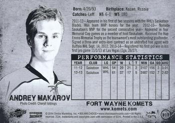 2013-14 Choice Fort Wayne Komets (ECHL) #11 Andrey Makarov Back