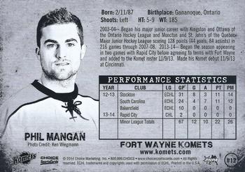 2013-14 Choice Fort Wayne Komets (ECHL) #12 Phil Mangan Back