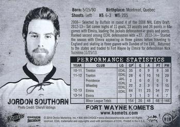 2013-14 Choice Fort Wayne Komets (ECHL) #16 Jordon Southorn Back