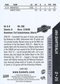 2014-15 Choice Fort Wayne Komets (ECHL) #2 Ian Barteaux Back