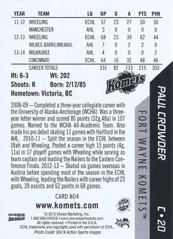 2014-15 Choice Fort Wayne Komets (ECHL) #4 Paul Crowder Back