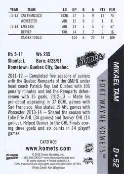 2014-15 Choice Fort Wayne Komets (ECHL) #3 Mikael Tam Back