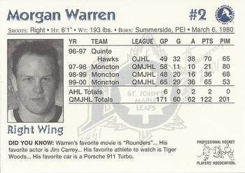 2000-01 St. John's Maple Leafs (AHL) #NNO Morgan Warren Back