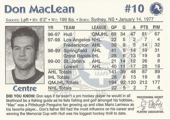 2000-01 St. John's Maple Leafs (AHL) #NNO Don MacLean Back