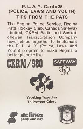 1981-82 Regina Pats (WHL) Police #NNO Regina Police Logo Back