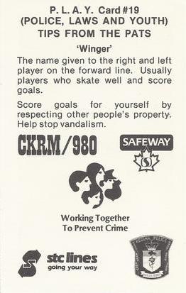 1981-82 Regina Pats (WHL) Police #19 Brent Pascal Back