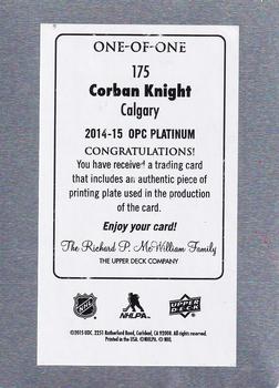 2014-15 O-Pee-Chee Platinum - Printing Plates Cyan #175 Corban Knight Back