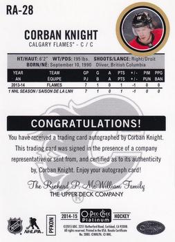 2014-15 O-Pee-Chee Platinum - Rookie Autographs #RA-28 Corban Knight Back