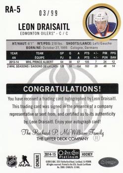 2014-15 O-Pee-Chee Platinum - Rookie Black Ice Autographs #RA-5 Leon Draisaitl Back