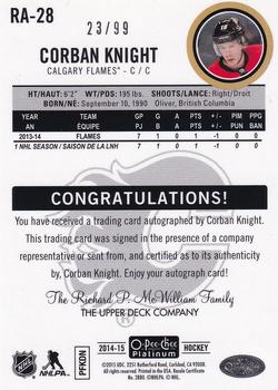 2014-15 O-Pee-Chee Platinum - Rookie Black Ice Autographs #RA-28 Corban Knight Back