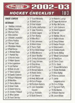 2002-03 Topps Total - Checklists #1 Checklist: 1-166 Front