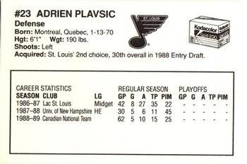 1989-90 Kodak St. Louis Blues #NNO Adrien Plavsic Back
