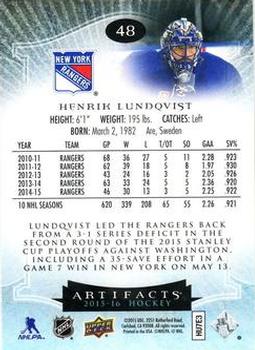 2015-16 Upper Deck Artifacts #48 Henrik Lundqvist Back