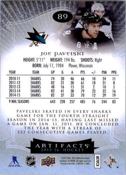 2015-16 Upper Deck Artifacts #89 Joe Pavelski Back