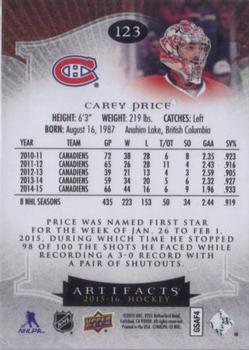 2015-16 Upper Deck Artifacts #123 Carey Price Back