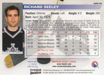 2003-04 Choice Manchester Monarchs (AHL) #16 Richard Seeley Back