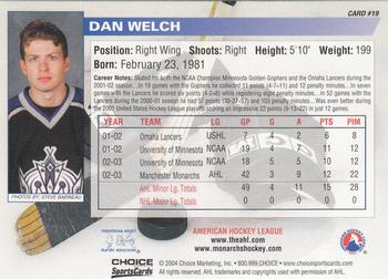 2003-04 Choice Manchester Monarchs (AHL) #19 Dan Welch Back