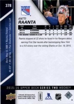 2015-16 Upper Deck #378 Antti Raanta Back
