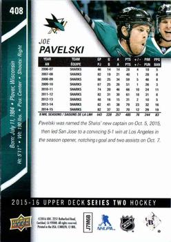 2015-16 Upper Deck #408 Joe Pavelski Back