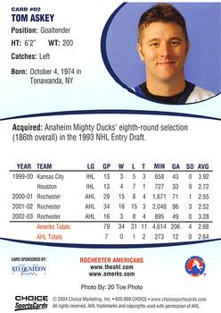 2003-04 Choice Rochester Americans (AHL) #2 Tom Askey Back