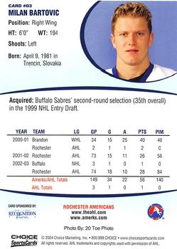 2003-04 Choice Rochester Americans (AHL) #3 Milan Bartovic Back