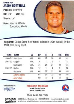 2003-04 Choice Rochester Americans (AHL) #4 Jason Botterill Back
