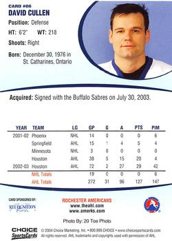 2003-04 Choice Rochester Americans (AHL) #6 David Cullen Back