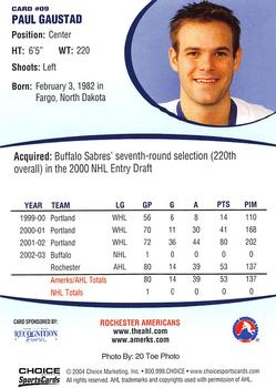 2003-04 Choice Rochester Americans (AHL) #9 Paul Gaustad Back