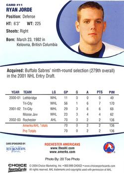 2003-04 Choice Rochester Americans (AHL) #11 Ryan Jorde Back