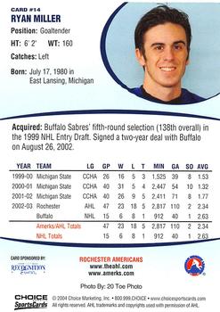 2003-04 Choice Rochester Americans (AHL) #14 Ryan Miller Back