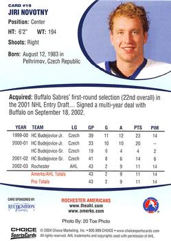 2003-04 Choice Rochester Americans (AHL) #19 Jiri Novotny Back