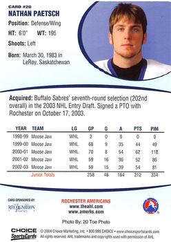 2003-04 Choice Rochester Americans (AHL) #20 Nathan Paetsch Back