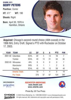2003-04 Choice Rochester Americans (AHL) #21 Geoff Peters Back