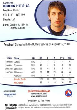2003-04 Choice Rochester Americans (AHL) #22 Domenic Pittis Back