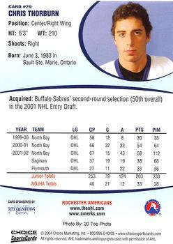 2003-04 Choice Rochester Americans (AHL) #29 Chris Thorburn Back