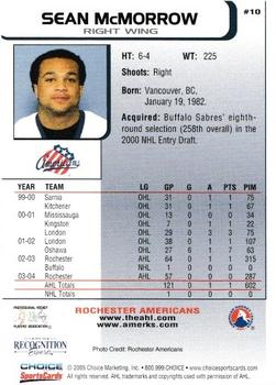 2004-05 Choice Rochester Americans (AHL) #10 Sean McMorrow Back