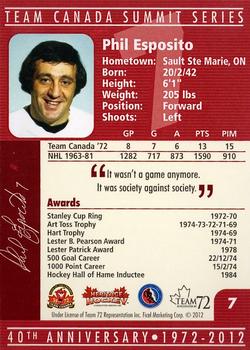 2012 Ficel Marketing Team Canada 1972 40th Anniversary #7 Phil Esposito Back