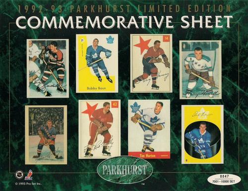 1992-93 Parkhurst - Commemorative Sheets #NNO Bill Gadsby / Bobby Baun / Doug Harvey / Harry Howell / Allan Stanley / Red Kelly / Tim Horton / Carl Brewer Front