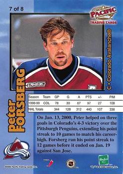 2000 Hasbro/Pacific Starting Lineup Cards Classic Doubles #7 Peter Forsberg Back