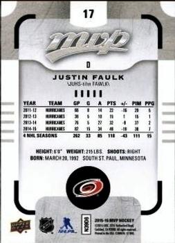 2015-16 Upper Deck MVP - Silver Script #17 Justin Faulk Back