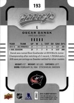 2015-16 Upper Deck MVP - Silver Script #193 Oscar Dansk Back