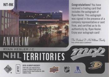 2015-16 Upper Deck MVP - NHL Territories Autographs #NT-RK Ryan Kesler Back