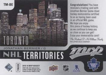 2015-16 Upper Deck MVP - NHL Territory Materials #TM-BE Jonathan Bernier Back