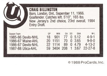 1988-89 ProCards Utica Devils (AHL) #NNO Craig Billington Back