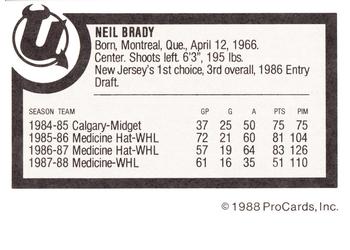 1988-89 ProCards Utica Devils (AHL) #NNO Neil Brady Back