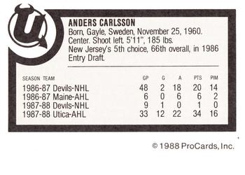 1988-89 ProCards Utica Devils AHL #NNO Anders Carlsson Back